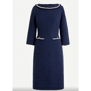 J. Crew Textured Tweed Boatneck Sheath Dress 10 Maritime Navy Office Career NEW